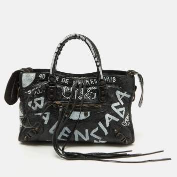 Pre Owned Balenciaga Black Leather Graffiti Print Classic Small City RH Tote
