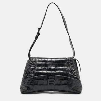 Pre Owned Balenciaga Black Croc Embossed Leather Small Soft Hourglass Shoulder Bag