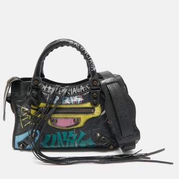 Pre Owned Balenciaga Black Graffiti Leather Mini RH Classic City Bag