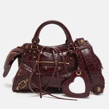 Pre Owned Balenciaga Dark Red Croc Embossed Leather XS Neo Cagole Bag