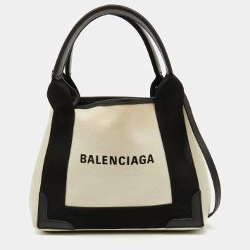Pre Owned Balenciaga Off White/Black Canvas and Leather Navy XS Cabas Tote
