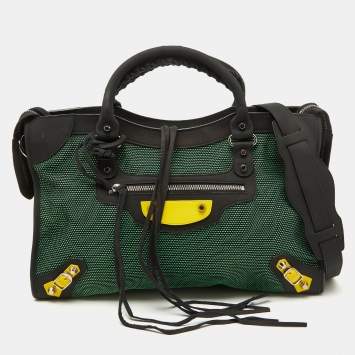 Pre Owned Balenciaga Green/Black Woven Fabric and Leather Classic City Bag