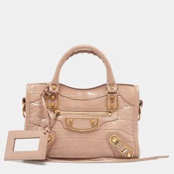 Pre Owned Balenciaga Beige Croc Embossed Glossy Leather Mini Classic Metallic Edge City Bag