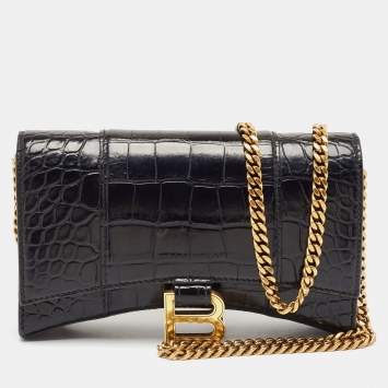 Pre Owned Balenciaga Black Croc Embossed Leather XS Hourglass Wallet on Chain