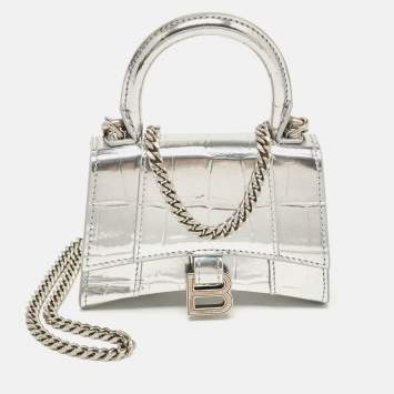 Pre Owned Balenciaga Silver Patent Leather Nano Hourglass Top Handle Bag
