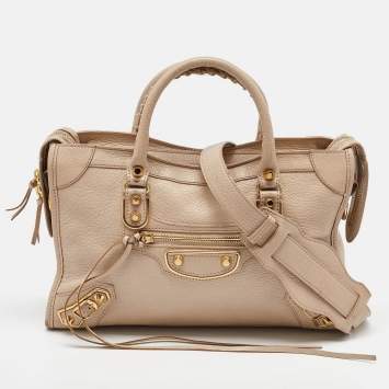 Pre Owned Balenciaga Beige Leather Small Metallic Edge Classic City Tote