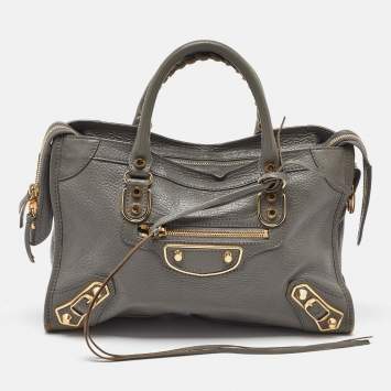 Pre Owned Balenciaga Grey Leather Small Metallic Edge Classic City Tote