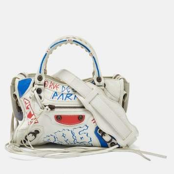 Pre Owned Balenciaga White Leather Graffiti Mini Metallic Edge City Bag