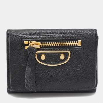 Pre Owned Balenciaga Black Leather Classic Metallic Edge Trifold Wallet