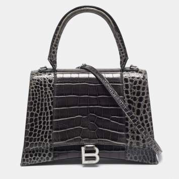 Pre Owned Balenciaga Black Croc Embossed Leather Medium Hourglass Top Handle Bag