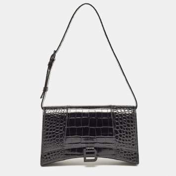 Pre Owned Balenciaga Black Croc Embossed Leather Hourglass Sling Shoulder Bag