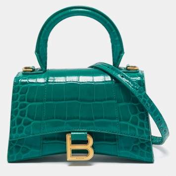 Pre Owned Balenciaga Green Croc Embossed Leather XS Hourglass Top Handle Bag