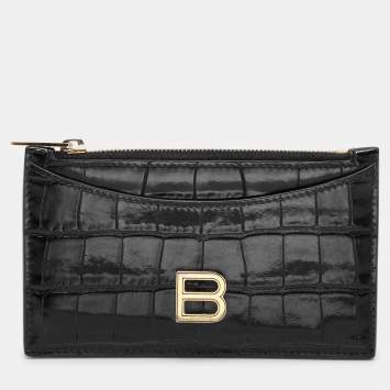 Pre Owned Balenciaga Black Croc Embossed Leather Hourglass Card Holder