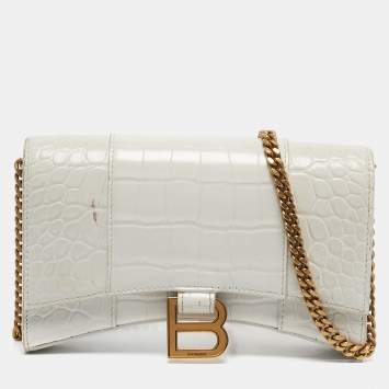 Pre Owned Balenciaga White Croc Embossed Leather Hourglass Wallet on Chain