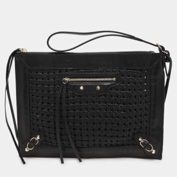 Pre Owned Balenciaga Black Leather Crochet Motorcycle Clutch