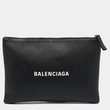 Pre Owned Balenciaga Black Leather Zip Pouch