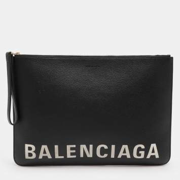 Pre Owned Balenciaga Black Leather Ville Logo Pouch