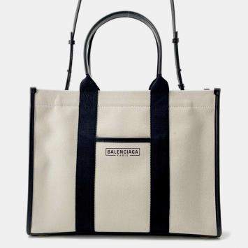 Pre Owned Balenciaga Black/White Canvas Leather Tote Bag 