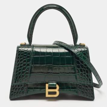 Pre Owned Balenciaga Green Croc Embossed Leather Small Hourglass Top Handle Bag