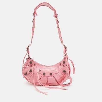 Pre Owned Balenciaga Pink Croc Embossed Leather Small Le Cagole Shoulder Bag