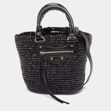 Pre Owned Balenciaga Black Raffia Effect Small Le Cagole Panier Tote