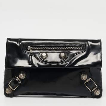 Pre Owned Balenciaga Black Patent Leather GSH Classic Envelope Clutch