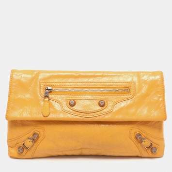 Pre Owned Balenciaga Yellow Leather Classic Giant 12 Hardware Envelope Clutch