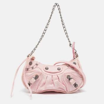 Pre Owned Balenciaga Light Pink BB Monogram Denim Mini Le Cagole Shoulder Bag