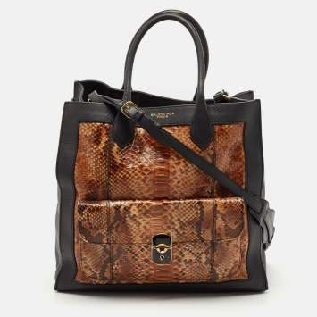 Pre Owned Balenciaga Black/Brown Leather and Python Padlock All Time Tote