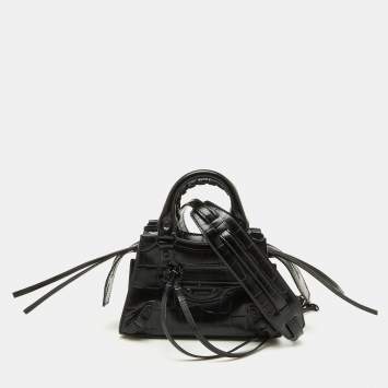 Pre Owned Balenciaga Black Croc Embossed Leather Neo Classic Nano City Bag