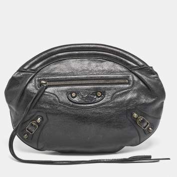Pre Owned Balenciaga Black Leather Classic Hardware Oval Clutch