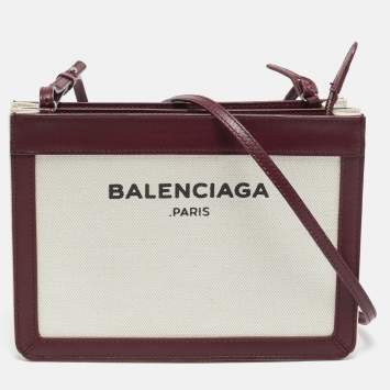 Pre Owned Balenciaga Burgundy/Beige Canvas and Leather Pochette Crossbody Bag