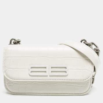 Pre Owned Balenciaga White Croc Embossed Leather XS Gossip Shoulder Bag