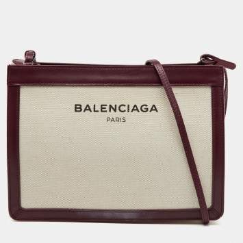 Pre Owned Balenciaga Off-White/Burgundy Canvas and Leather Navy Pochette Crossbody Bag