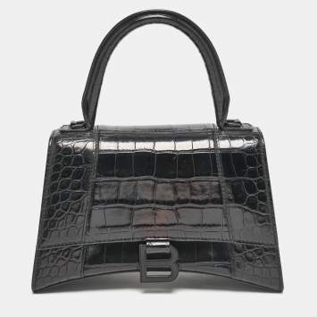 Pre Owned Balenciaga Black Croc Embossed Leather Small Hourglass Top Handle Bag