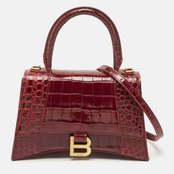 Pre Owned Balenciaga Burgundy Croc Embossed Leather Small Hourglass Top Handle Bag