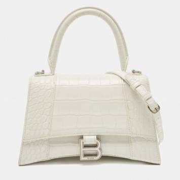 Balenciaga White Croc Embossed Leather Small Hourglass Top Handle Bag