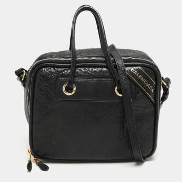 Pre Owned Balenciaga Black Crackle Leather Small Blanket Square Bag