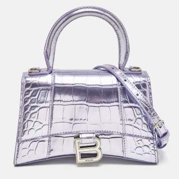Balenciaga Metallic Lilac Croc Embossed Leather XS Hourglass Top Handle Bag  