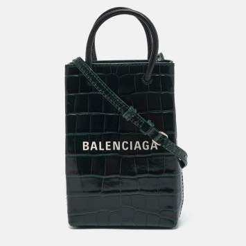 Pre Owned Balenciaga Green Croc Embossed Leather Shopping Phone Holder Crossbody Bag 