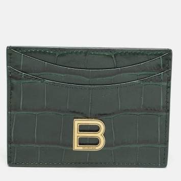 Pre Owned Balenciaga Green Croc Embossed Leather Hourglass Card Holder