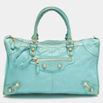 Pre Owned Balenciaga Turquoise Blue Leather Giant 12 Gold Hardware Work Tote