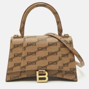 Pre Owned Balenciaga Brown BB Monogram Coated Canvas Small Hourglass Top Handle Bag