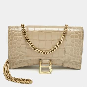 Balenciaga Beige Croc Embossed Leather XS Hourglass Wallet on Chain