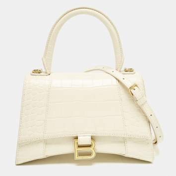 Balenciaga Cream Croc Embossed Leather Small Hourglass Top Handle Bag
