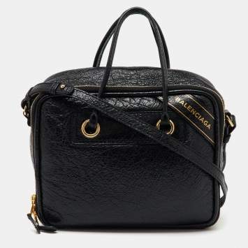 Pre Owned Balenciaga Black Crackle Leather Small Blanket Square Bag