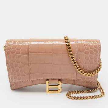Balenciaga Old Rose Croc Embossed Leather Hourglass Wallet on Chain