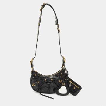 Balenciaga Black Croc Embossed Leather XS Le Cagole Shoulder Bag