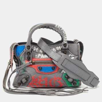 Pre Owned Balenciaga Gris Pyrite Graffiti Leather Mini RH Classic City Bag