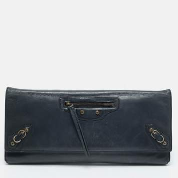 Pre Owned Balenciaga Navy Blue Leather Papier Long Clutch